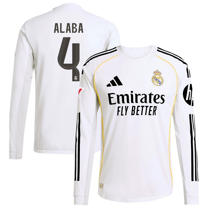 David Alaba Men's adidas White Real Madrid 2025/26 Home Authentic Long Sleeve Custom Jersey