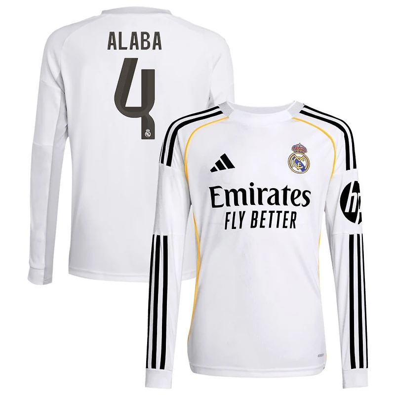 David Alaba Youth adidas White Real Madrid 2025/26 Home Replica Long Sleeve Custom Jersey