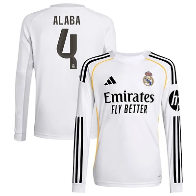 David Alaba Youth adidas White Real Madrid 2025/26 Home Replica Long Sleeve Custom Jersey