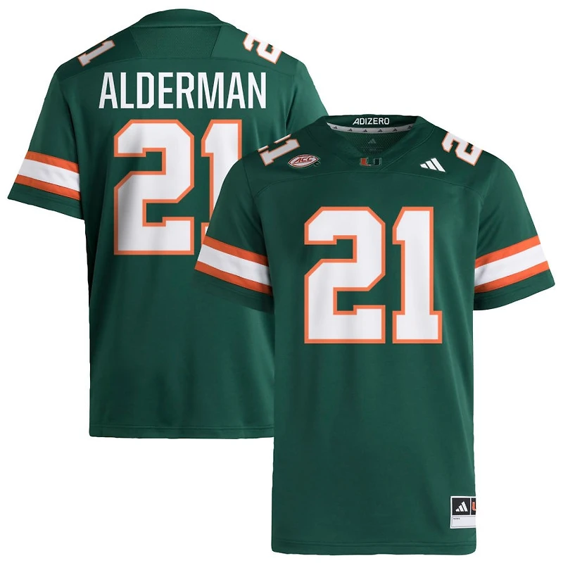 Jaylin Alderman Men's adidas  Green Miami Hurricanes NIL Pick-A-Player Alternate Premier Football Jersey