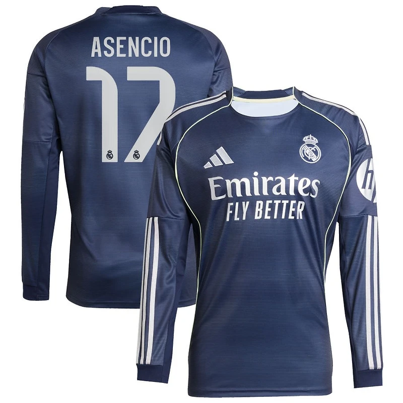 Raul Asencio Men's adidas Blue Real Madrid 2025/26 Away Long Sleeve Replica Custom Jersey