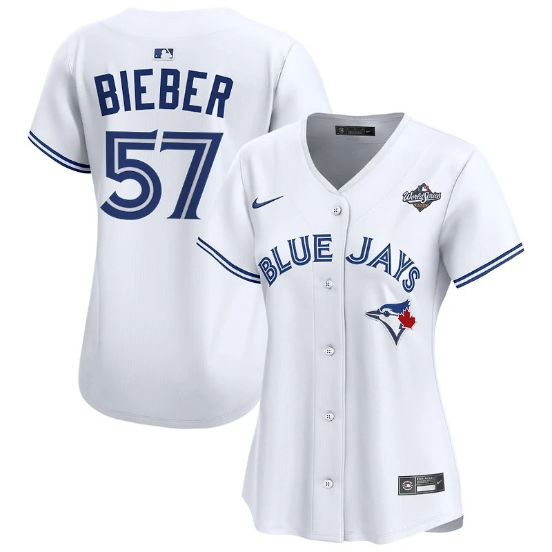 Shane Bieber Women's Nike White Toronto Blue Jays 2025 World Series Home Limited Custom Jersey