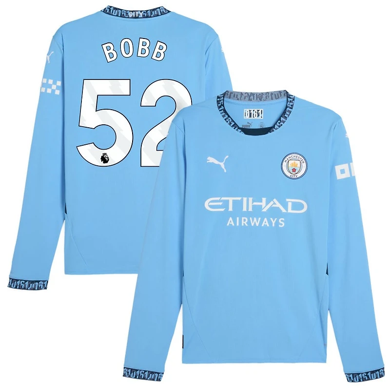 Oscar Bobb Men's Puma Light Blue Manchester City 2024/25 Home Replica Long Sleeve Custom Jersey