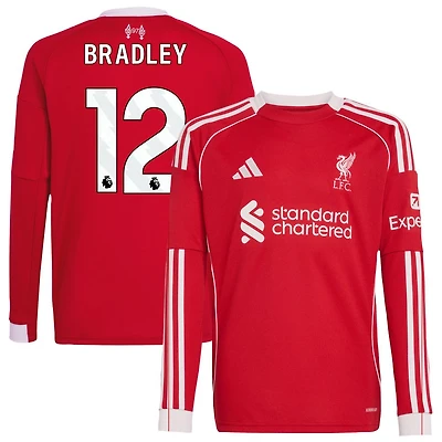 Conor Bradley Youth adidas  Red Liverpool 2025/26 Home Custom Replica Long Sleeve Jersey