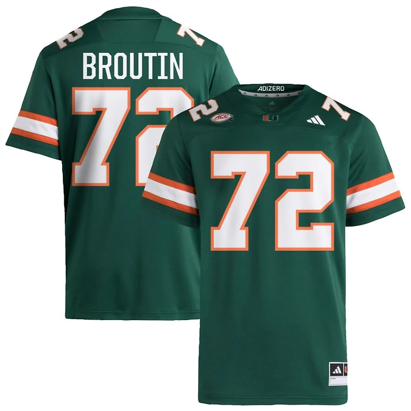 Taylor Broutin Men's adidas Green Miami Hurricanes NIL Pick-A-Player Alternate Premier Football Jersey