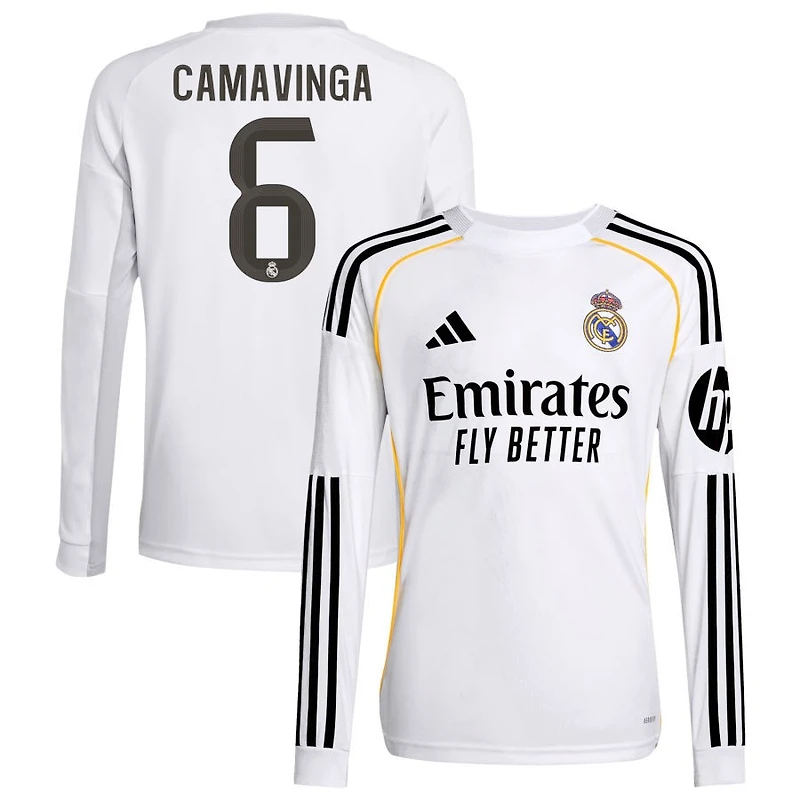 Eduardo Camavinga Youth adidas White Real Madrid 2025/26 Home Replica Long Sleeve Custom Jersey