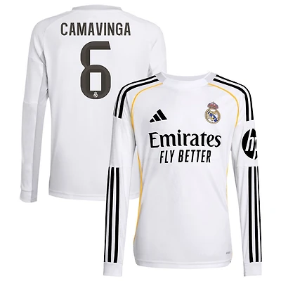 Eduardo Camavinga Youth adidas White Real Madrid 2025/26 Home Replica Long Sleeve Custom Jersey
