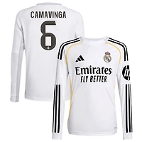 Eduardo Camavinga Youth adidas White Real Madrid 2025/26 Home Replica Long Sleeve Custom Jersey