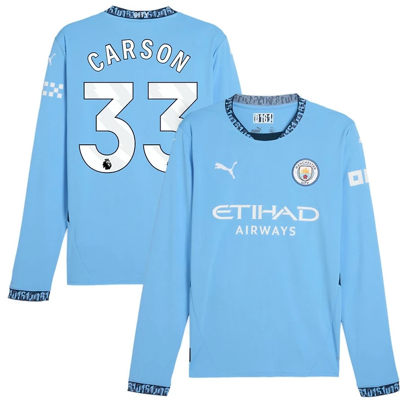 Scott Carson Men's Puma Light Blue Manchester City 2024/25 Home Replica Long Sleeve Custom Jersey