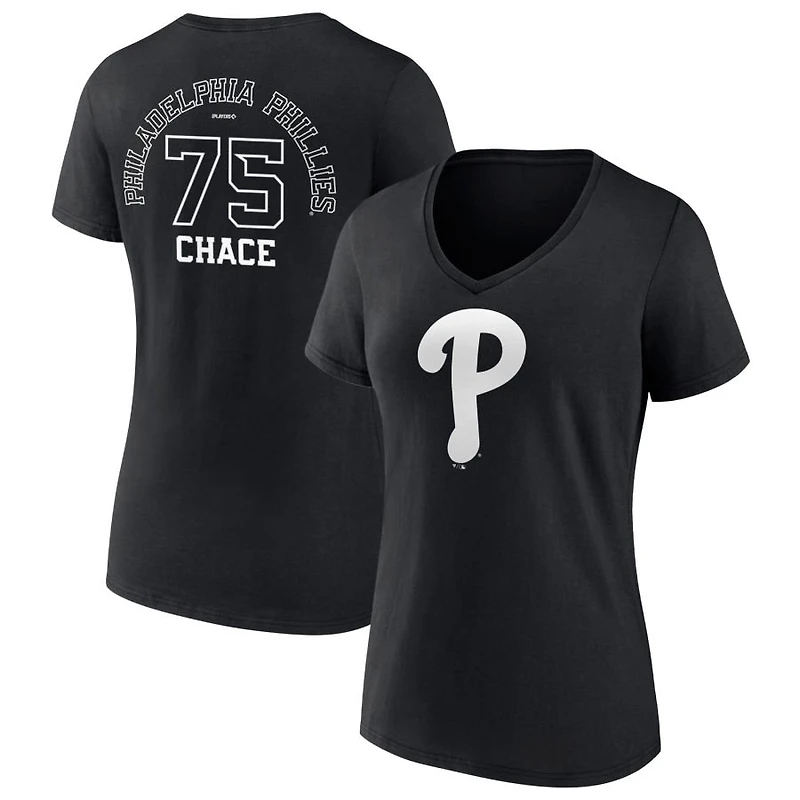 Women's Black Philadelphia Phillies Monochrome Personalized Name & Number V-Neck T-Shirt