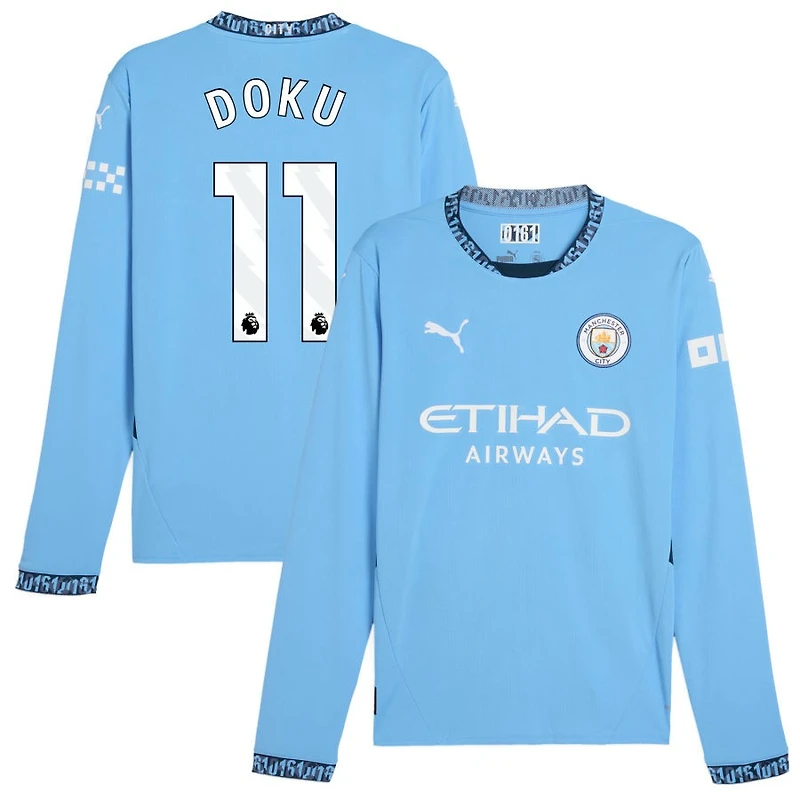 Jeremy Doku Men's Puma Light Blue Manchester City 2024/25 Home Replica Long Sleeve Custom Jersey