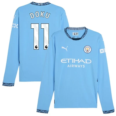 Jeremy Doku Men's Puma Light Blue Manchester City 2024/25 Home Replica Long Sleeve Custom Jersey
