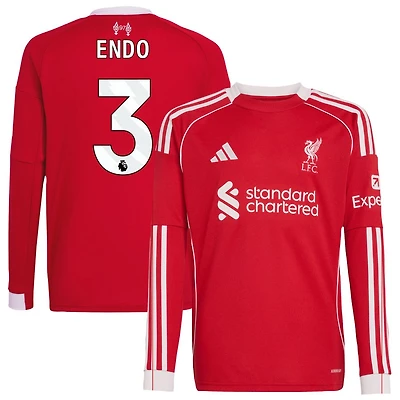 Wataru Endo Youth adidas  Red Liverpool 2025/26 Home Custom Replica Long Sleeve Jersey