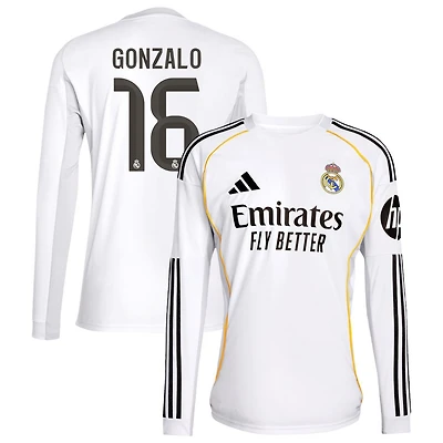 Gonzalo Garcia Gonzalo Men's adidas White Real Madrid 2025/26 Home Replica Long Sleeve Custom Jersey