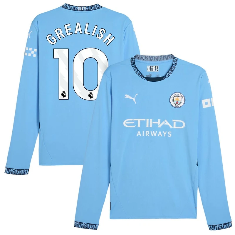 Jack Grealish Men's Puma Light Blue Manchester City 2024/25 Home Replica Long Sleeve Custom Jersey