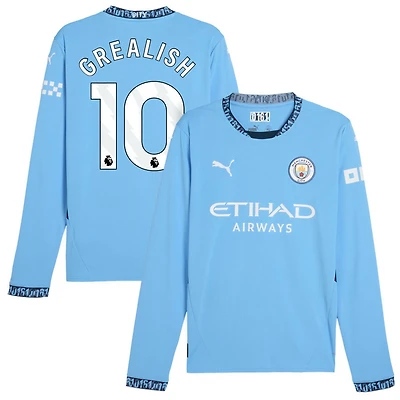 Jack Grealish Men's Puma Light Blue Manchester City 2024/25 Home Replica Long Sleeve Custom Jersey