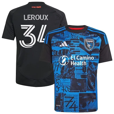 Beau Leroux Youth adidas  Black San Jose Earthquakes 2025 Headliner Replica Custom Jersey