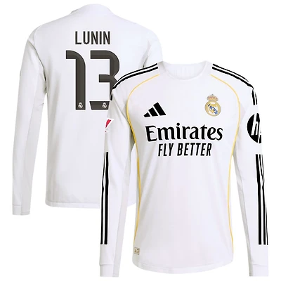 Andriy Lunin Men's adidas White Real Madrid 2025/26 Home Authentic Long Sleeve Custom Jersey