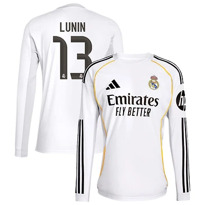 Andriy Lunin Men's adidas White Real Madrid 2025/26 Home Replica Long Sleeve Custom Jersey