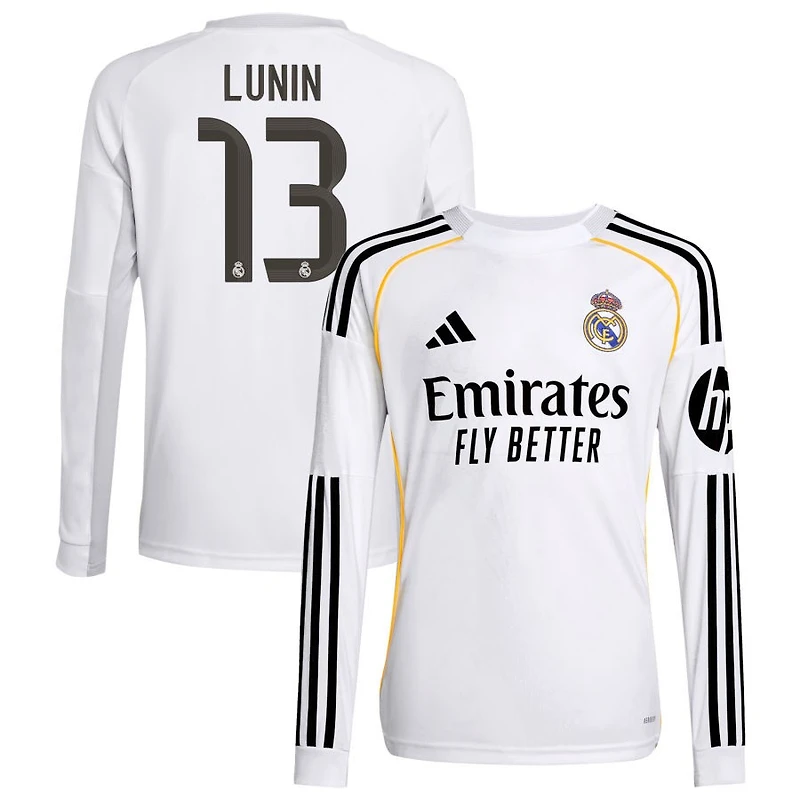 Andriy Lunin Youth adidas White Real Madrid 2025/26 Home Replica Long Sleeve Custom Jersey