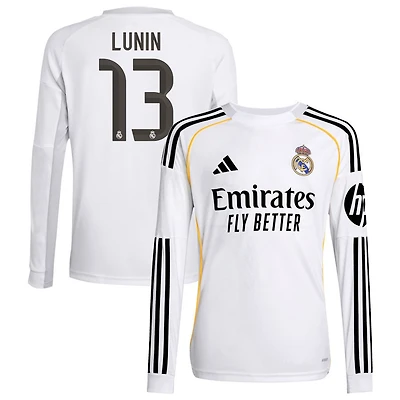 Andriy Lunin Youth adidas White Real Madrid 2025/26 Home Replica Long Sleeve Custom Jersey