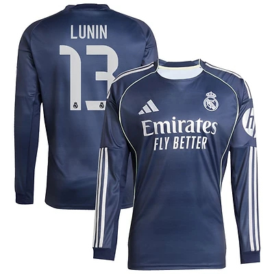 Andriy Lunin Men's adidas Blue Real Madrid 2025/26 Away Long Sleeve Replica Custom Jersey