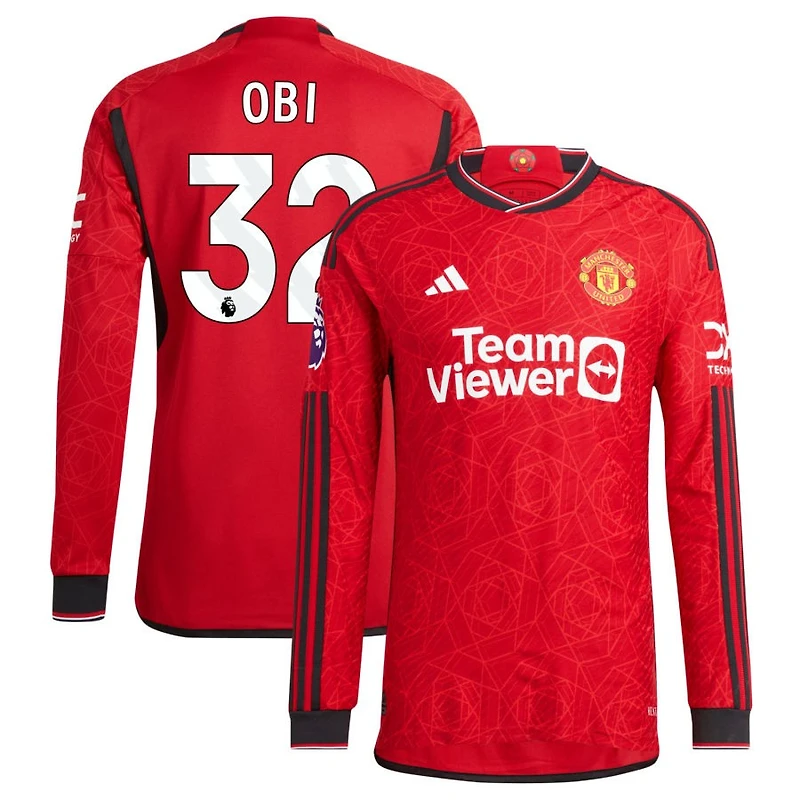 Chido Obi Men's adidas Red Manchester United 2023/24 Home Authentic Custom Long Sleeve Jersey