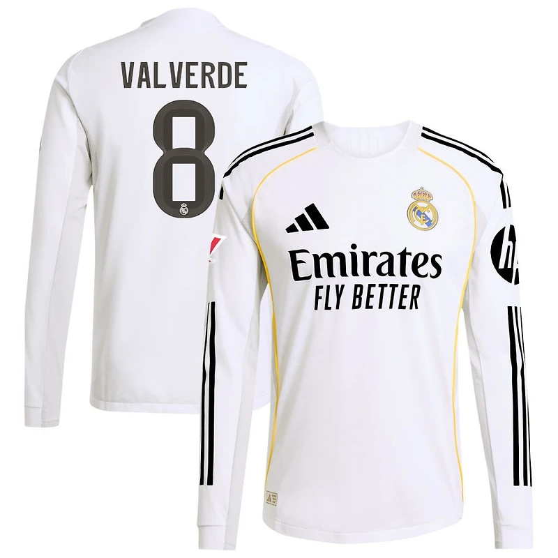 Federico Valverde Men's adidas White Real Madrid 2025/26 Home Authentic Long Sleeve Custom Jersey