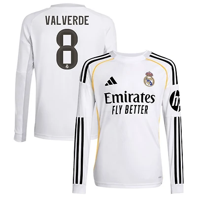 Federico Valverde Youth adidas White Real Madrid 2025/26 Home Replica Long Sleeve Custom Jersey