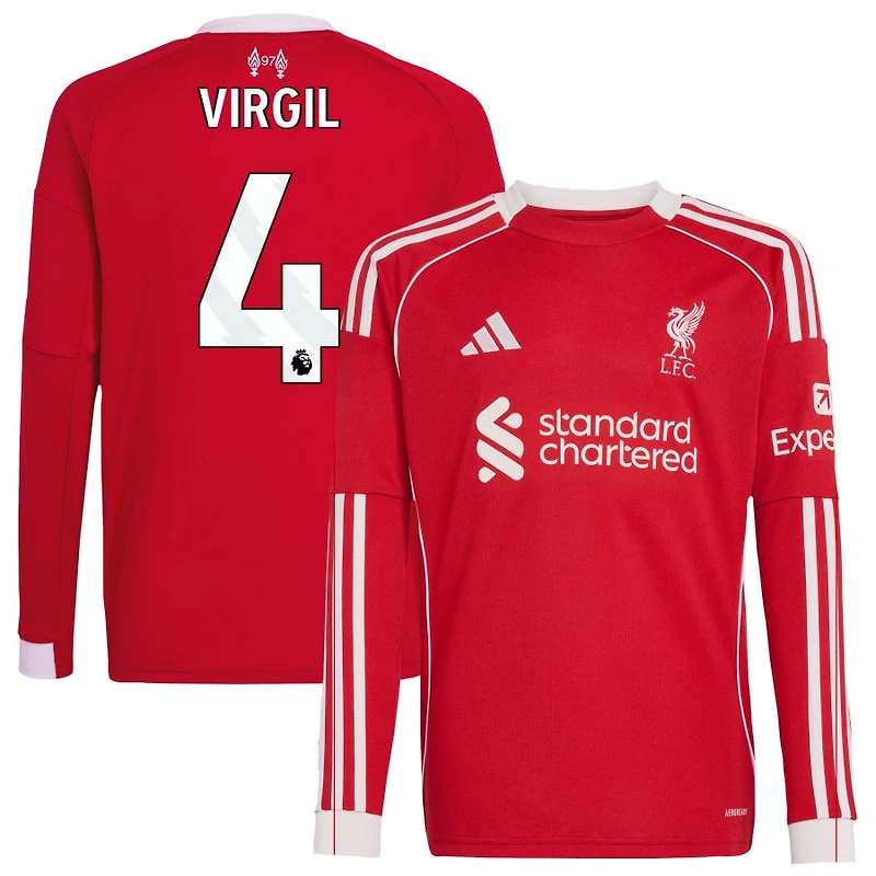 Virgil Virgil Youth adidas  Red Liverpool 2025/26 Home Custom Replica Long Sleeve Jersey