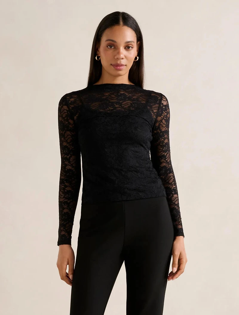 Henley High Neck Lace Top
