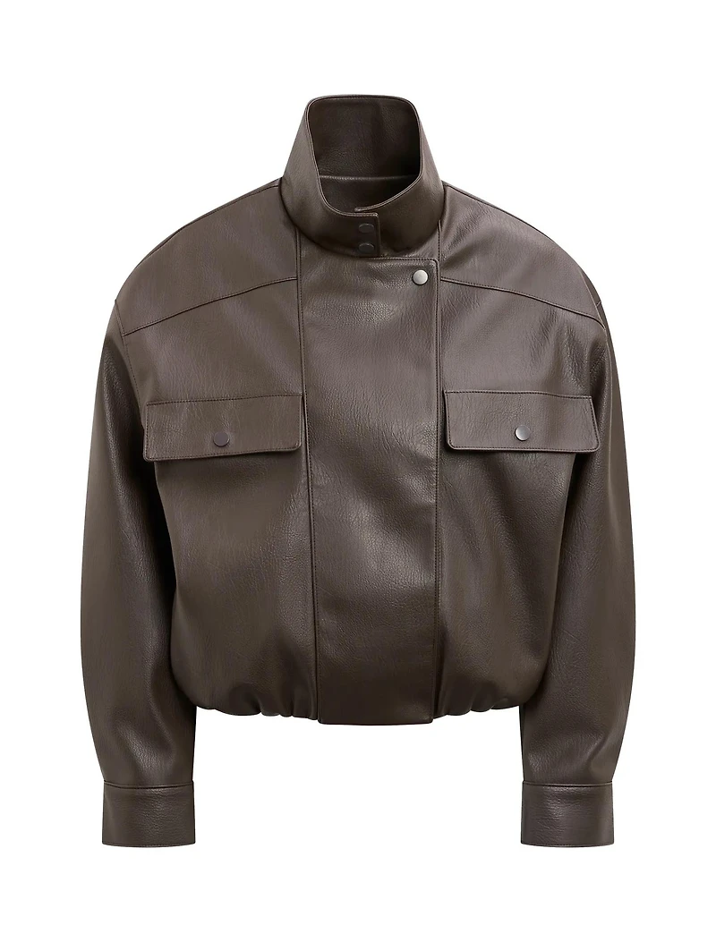 Angela Funnel Neck Faux Leather Bomber Jacket