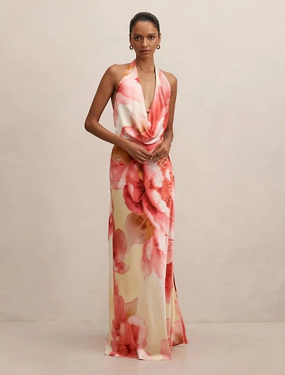 Becca Petite Cowl Halter Satin Gown