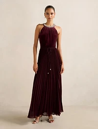 Gwen Petite Halter Neck Pleat Midi