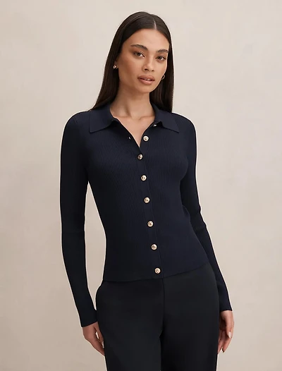 Selina Ribbed Knit Polo Top