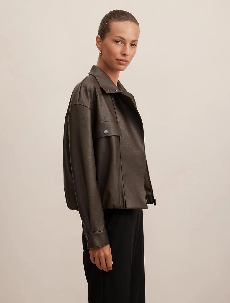 Angela Funnel Neck Faux Leather Bomber Jacket