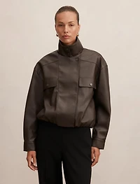 Angela Funnel Neck Faux Leather Bomber Jacket