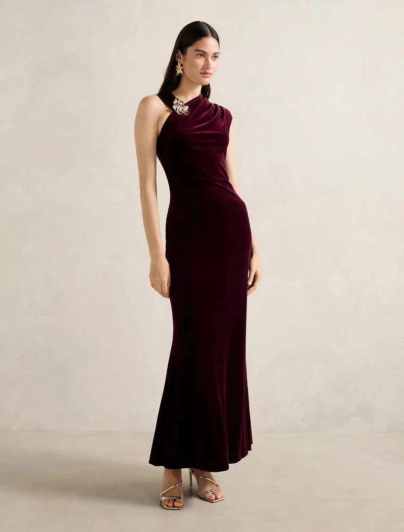 Jordana Asymmetric Velvet Maxi Dress