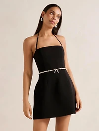 Mattie Halter Diamante Bow Mini Dress