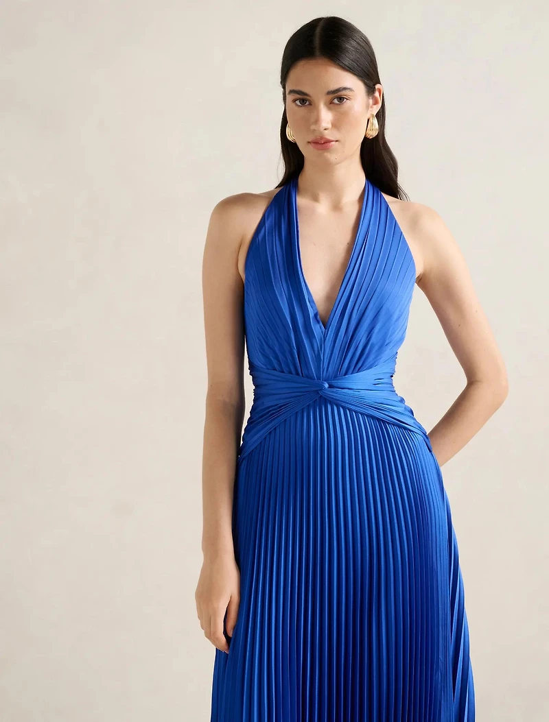 Natasha Pleated Satin Halter Maxi Dress