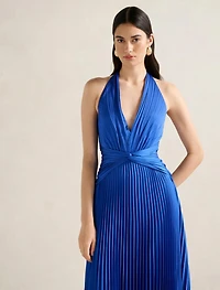 Natasha Pleated Satin Halter Maxi Dress