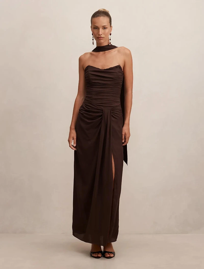 Arli Strapless Ruched Maxi Dress