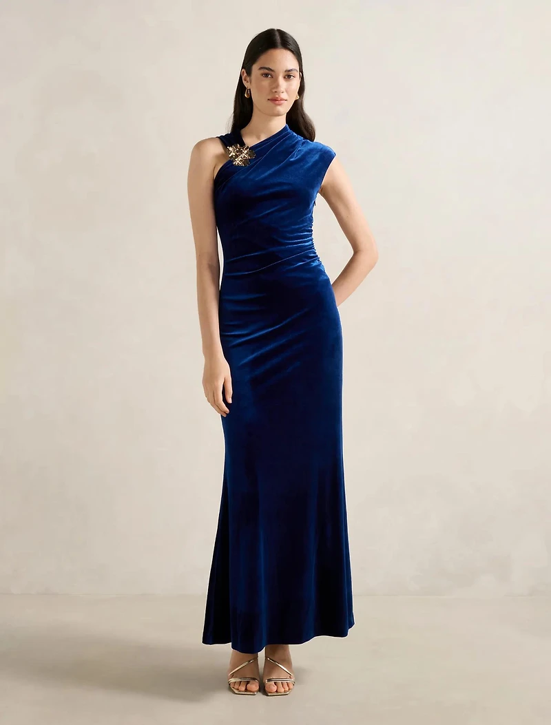 Jordana Asymmetrical Velvet Maxi Dress