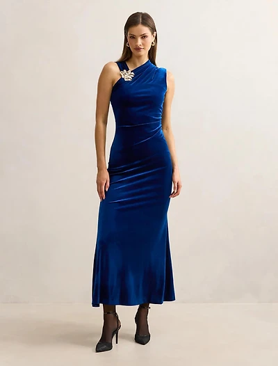 Jordana Asymmetrical Velvet Maxi Dress