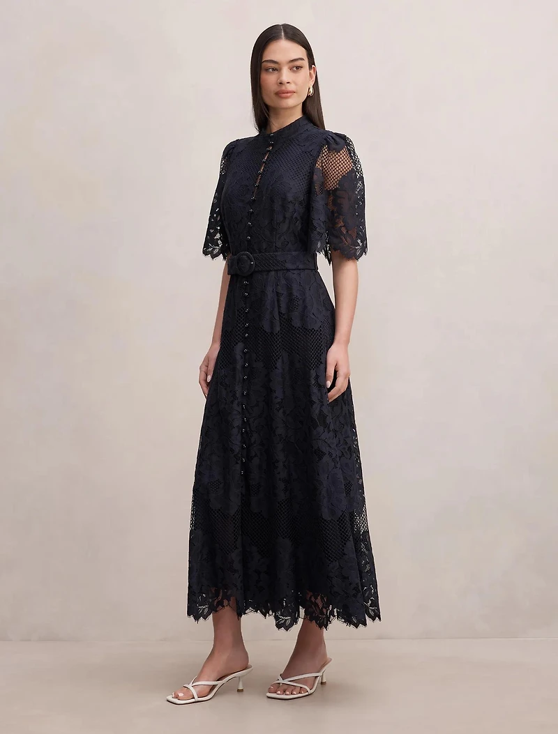 Liberty Flutter Sleeve Lace Midi Dress