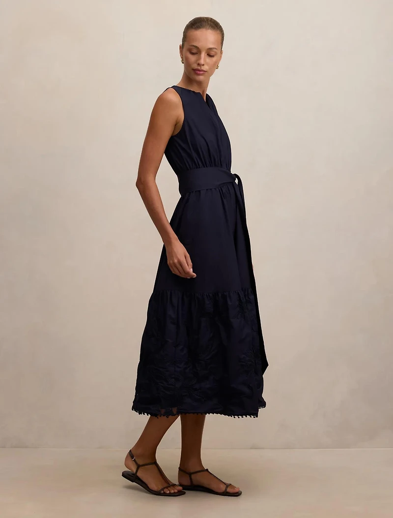 Evie Sleeveless Embroidered Tie Midi Dress