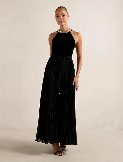Gwen Halter Neck Pleat Midi Dress