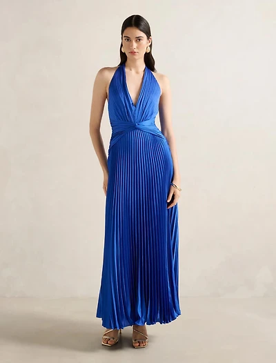 Natasha Pleated Satin Halter Maxi Dress