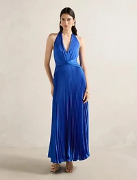 Natasha Pleated Satin Halter Maxi Dress