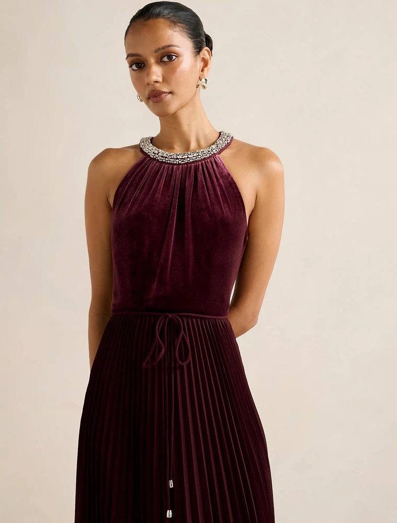 Gwen Petite Halter Neck Pleat Midi